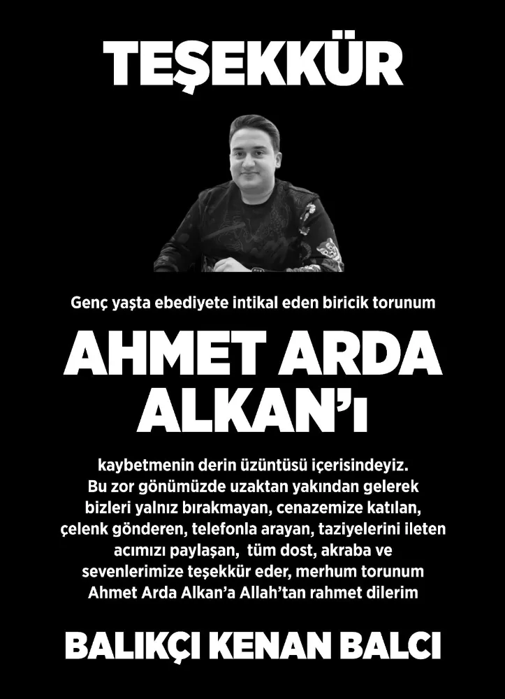 Ahmet Arda Alkan’ın Vefatında Kenan Balcı’nın Yanında Olanlara Teşekkür