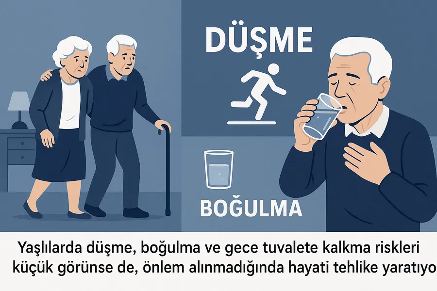 Yaşlı çift ev içinde dikkatle yürürken, yanında baston ve su bardağı bulunan, mavi-gri tonlarda profesyonel sağlık bilinçlendirme görseli.