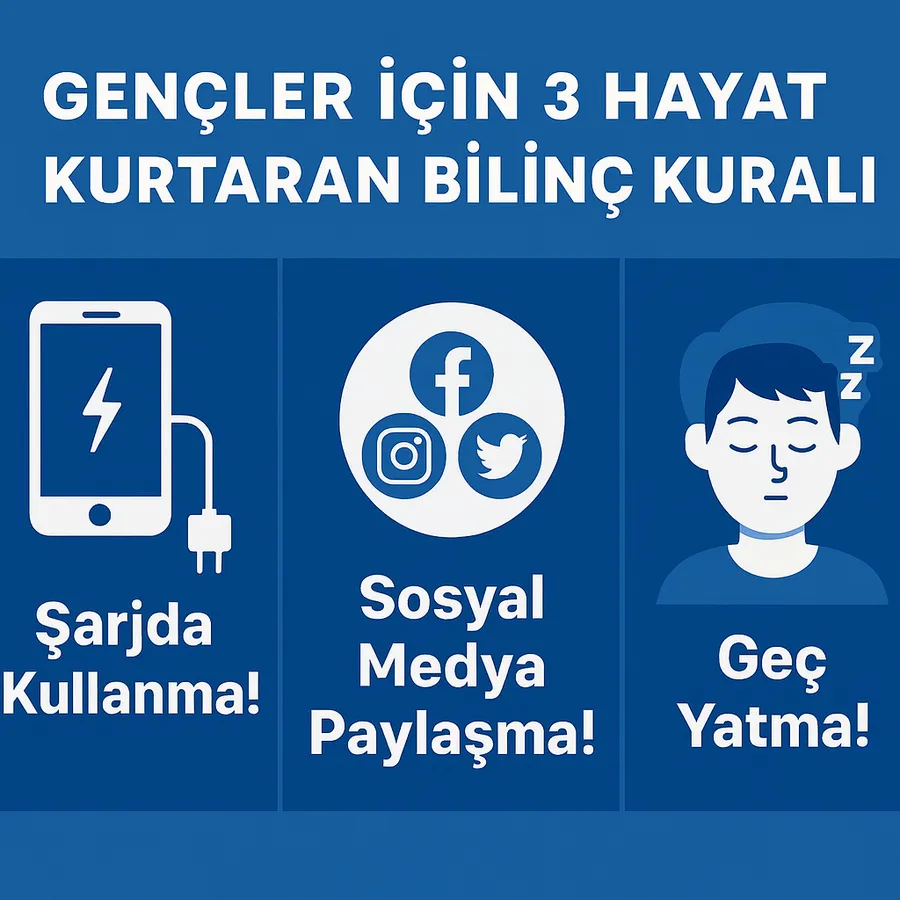 Mavi tonlarda, hizalı yazılara sahip; şarjda telefon, sosyal medya ikonları ve uyuyan genç figürlü gençlik bilinçlendirme görseli.