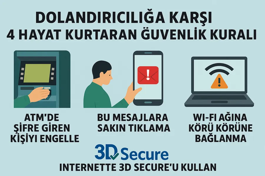 ATM’de şifre giren kişi, sahte SMS uyarısı, 3D Secure logosu ve halka açık Wi-Fi ağı ikonları içeren, siber güvenlik temalı bilinçlendirme görseli.