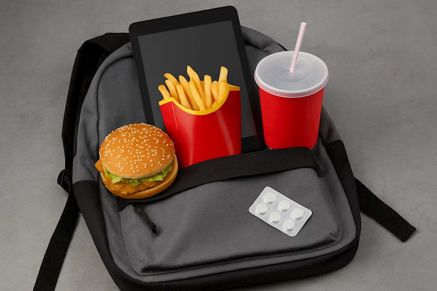 “Okul çantasından çıkan hamburger, patates kızartması, kola ve tablet – fast-food, dijital bağımlılık ve sağlık riskleri”