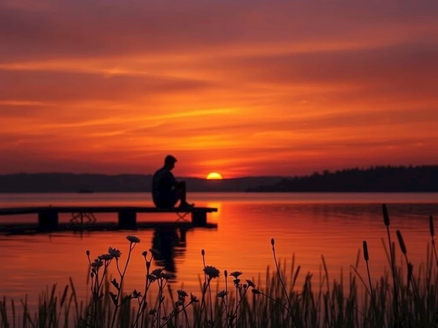 Gün batımı manzarasında yalnız yürüyen insan silueti; varoluş, ölüm korkusu ve yaşamın anlamını sembolize eden felsefi bir görsel.
