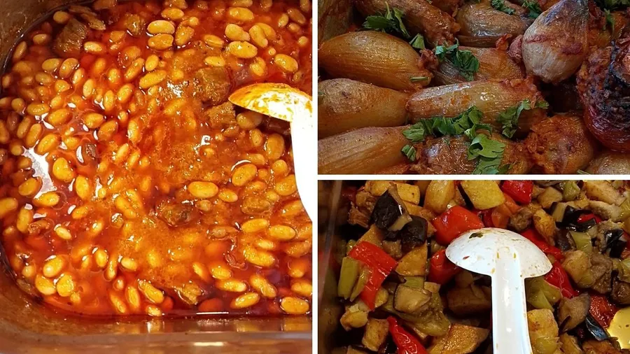 Bahçekent’te Nevale Yemek’te hazırlanan ev tadında sulu yemekler, kuru fasulye, zeytinyağlı dolma ve sebze yemekleri vitrin görüntüsü