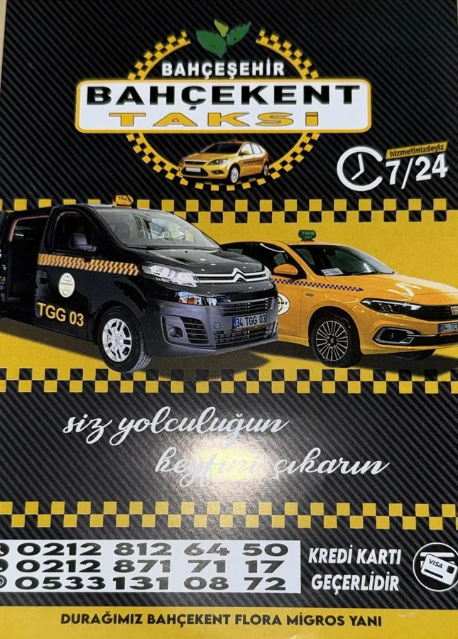 Bahçekent Taksi 7/24 hizmet, havalimanı transfer ve kredi kartı geçerli ulaşım Bahçekent Flora Migros yanı durağında