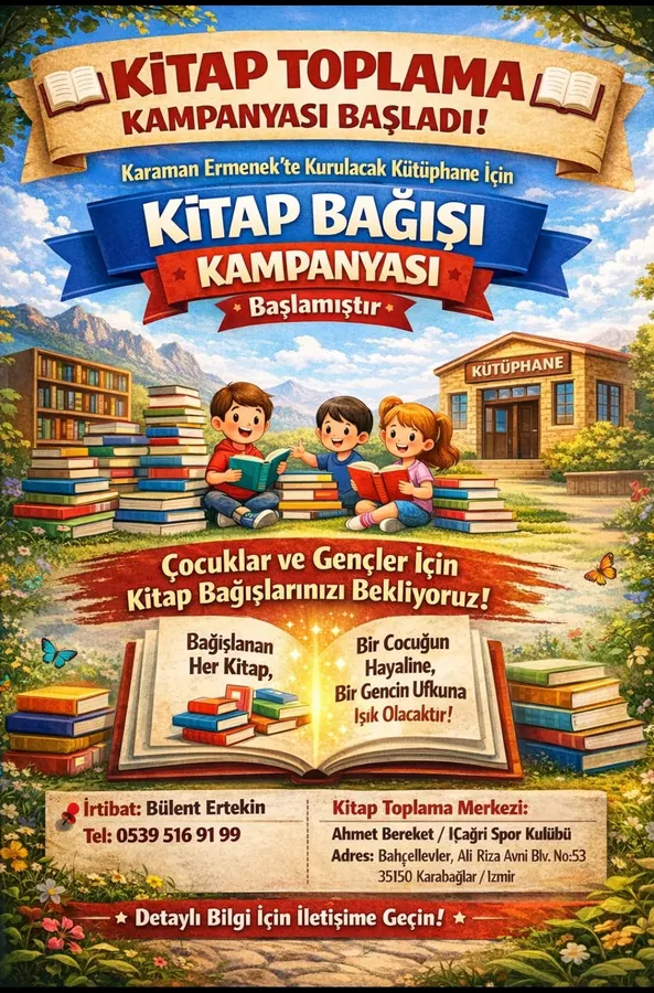 Karaman Ermenek’te kurulacak kütüphane için başlatılan kitap bağış kampanyasını anlatan afiş; kitap okuyan çocuk illüstrasyonu, kütüphane binası ve bağış iletişim bilgilerini içeriyor.