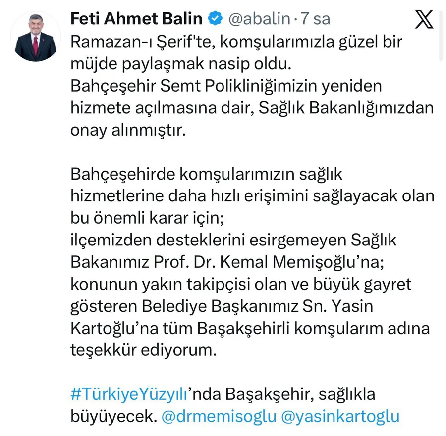 Başakşehir Devlet Hastanesi Bahçeşehir Semt Polikliniği yeniden hizmete açıldı. Sağlık Bakanlığı onayıyla açılan poliklinik Bahçeşehir halkının sağlık hizmetlerine erişimini kolaylaştıracak.